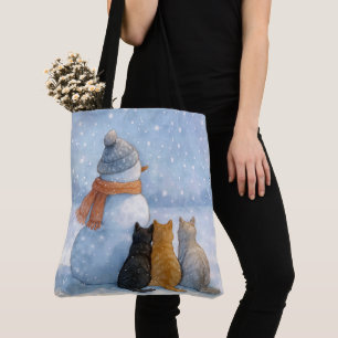 Bolsa Tote Bonecos de Neve e Gatos em um Campo Nevado