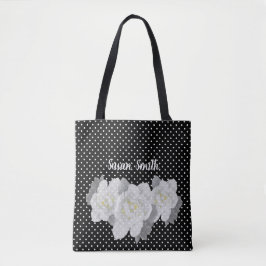Bolsa Tote Bonita Bolinhas branca escura-escura, flor branca