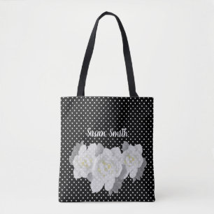 Bolsa Tote Bonita Bolinhas branca escura-escura, flor branca