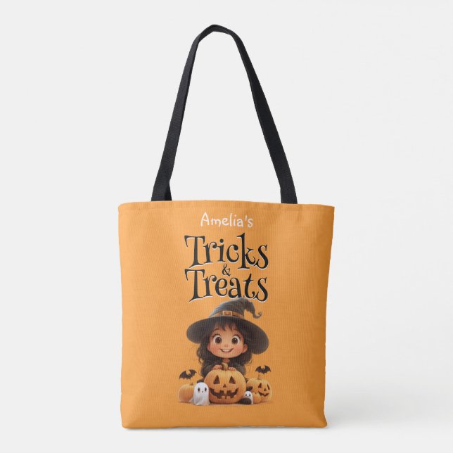 Bolsa Tote Bonita Bruxa de Cartoon Fantasmas Pumpkins Trick & (Verso)