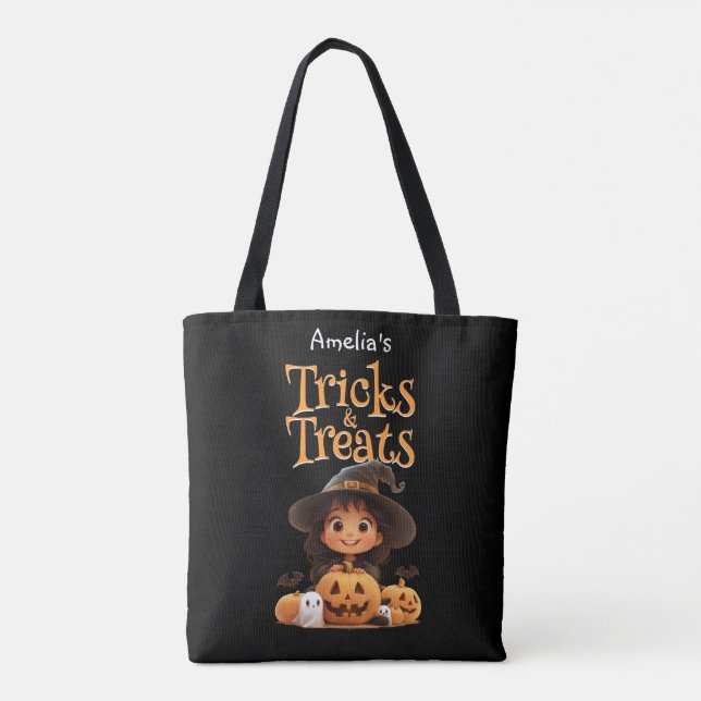 Bolsa Tote Bonita Bruxa de Cartoon Fantasmas Pumpkins Trick & (Verso)