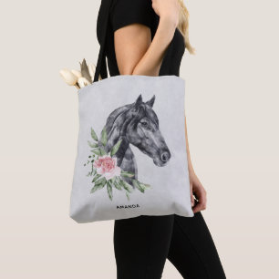 Bolsa Tote Bonita Cabeça de Cavalo Retrato Aquarela em Cinza