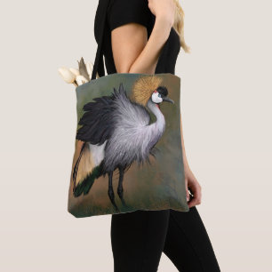 Bolsa Tote Bonita Cinza Crowned Crane - Arte de Pintura Migra