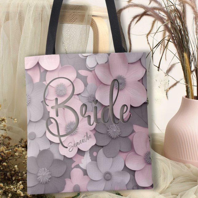 Bolsa Tote Bonita Cinza Rosa 3D Poppies Floral Noiva (Criador carregado)