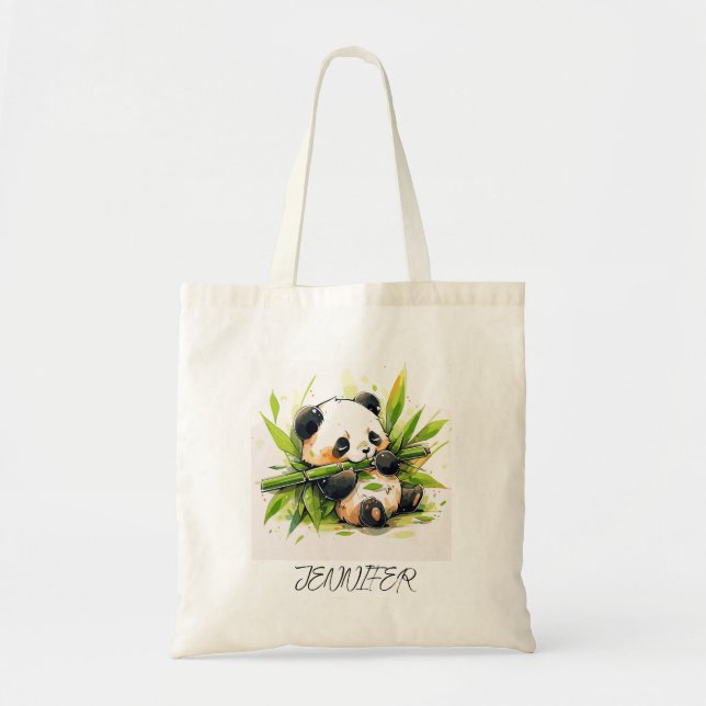 Bolsa Tote Bonita e Adorável Panda Comendo Bambu Nome (Frente)