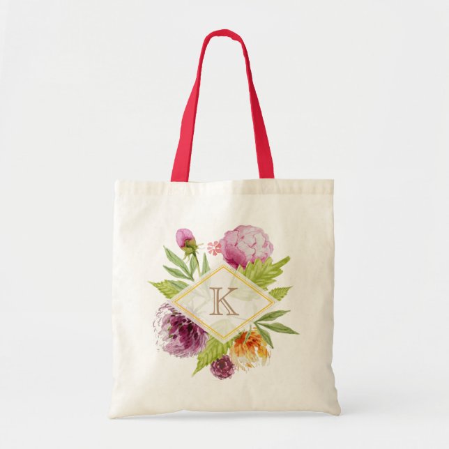Bolsa Tote Bonita Flaço de Iniciais de Monograma Floral (Frente)
