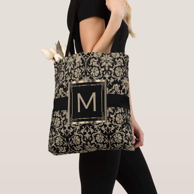 Bolsa Tote Bonita Floral Black e Dourada Damask (Close Up)