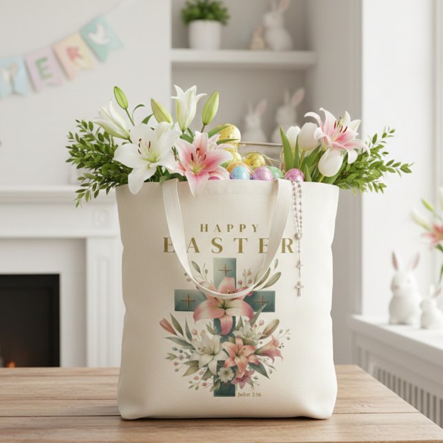 Bolsa Tote Bonita Floral Cross Felz pascoa Christian (Beautiful Floral Cross Happy Easter Christian Tote Bag)