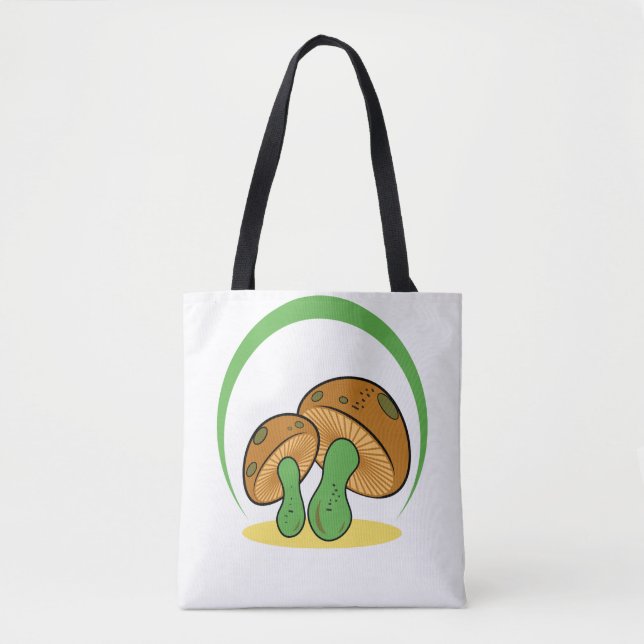 Bolsa Tote Bonita Marrom Cartoon Verde Mushroom Fungi Art (Frente)