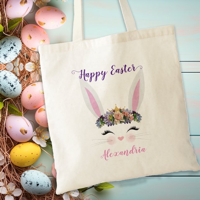 Bolsa Tote Bonita Menina de Páscoa Rosa Personalizada (Cute Personalized Pink Floral Easter Bunny Girl Tote Bag)