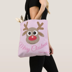 Bolsa Tote Bonita Reena de Natal Cartoon Girly Pink Nome