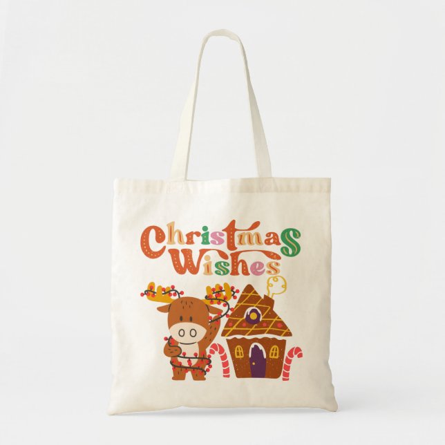 Bolsa Tote Bonita Reindeer Com Férias Felizes À Lua De Natal (Frente)