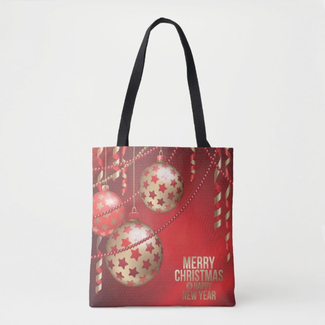 Bolsa Tote Bonitas Bolas de Natal Vermelhas e Ouros (Frente)
