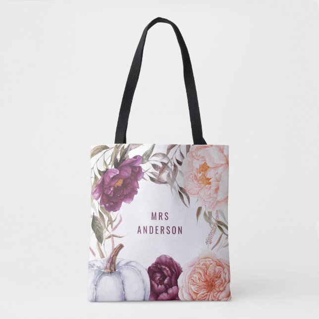 Bolsa Tote bonitinho roxo rosa elegante floral personalizado (Frente)