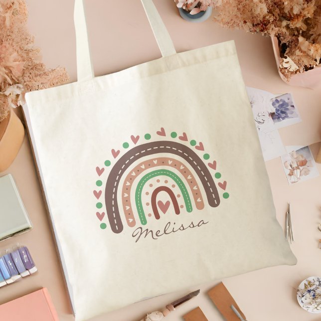 Bolsa Tote Bonito Boho Rainbow Heart (Criador carregado)