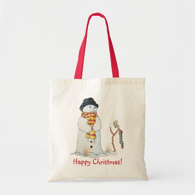 Bolsa Tote Bonito boneco de neve com estoque de Natal na neve (Frente)