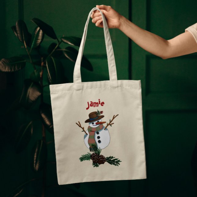 Bolsa Tote Bonito boneco de neve com nome 1 lado (Criador carregado)