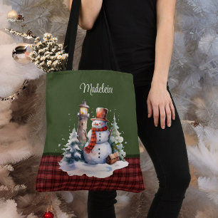 Bolsa Tote Bonito boneco de neve e farol na Xadrez Nome do Mo
