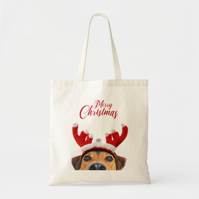 Bolsa Tote Bonito Cachorro de Natal Reindeer Antler Headband (Frente)