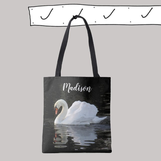 Bolsa Tote Bonito cisne branco, reflexões, seu nome (Criador carregado)