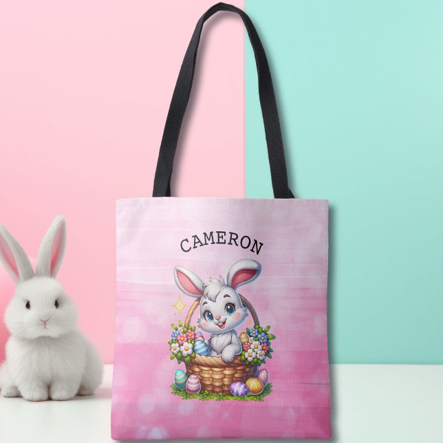 Bolsa Tote Bonito coelho da Páscoa de Cartoon em um cesto per (Criador carregado)