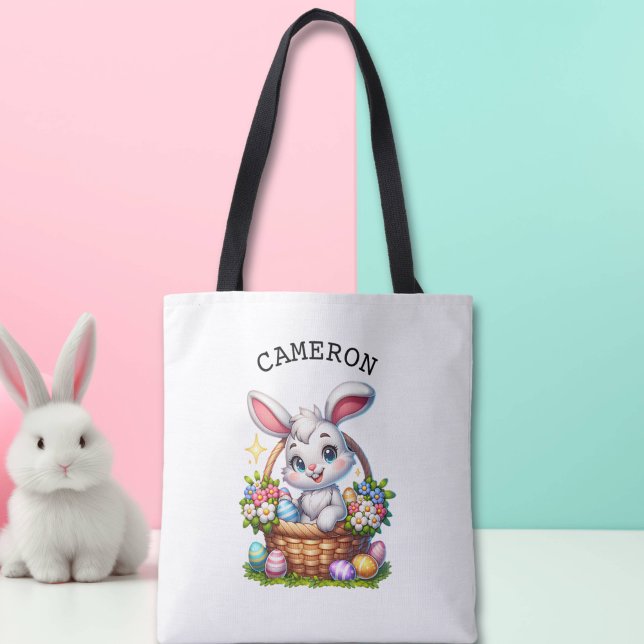 Bolsa Tote Bonito coelho da Páscoa de Cartoon em um cesto per (Criador carregado)