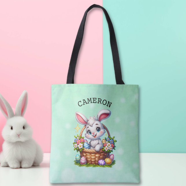 Bolsa Tote Bonito coelho da Páscoa de Cartoon em um cesto per (Criador carregado)