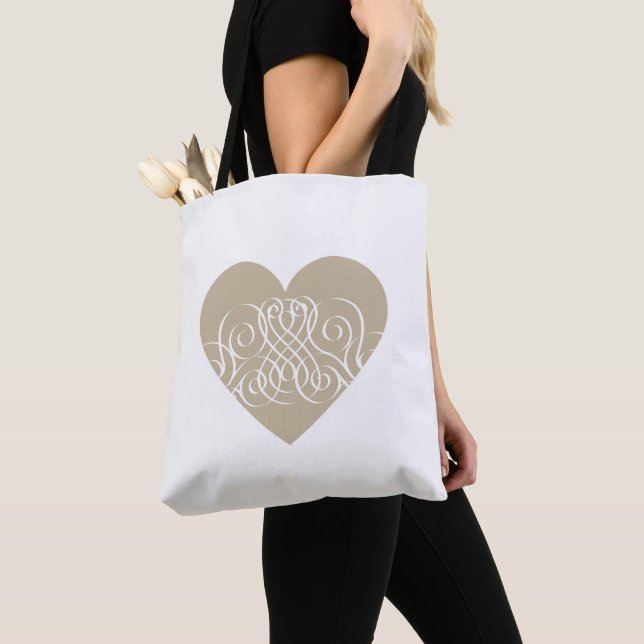 Bolsa Tote Bonito Dourado / Beige Heart com Filigre Branco (Close Up)