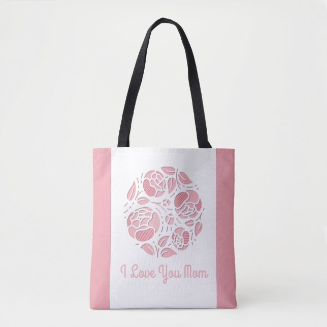 Bolsa Tote Bonito Eu Te Amo Mãe Dia de as mães Branco Rosa (Frente)