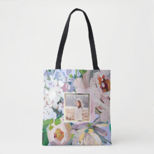 Bolsa Tote Bonito Floral Azul Periwinkle com Foto Monograma