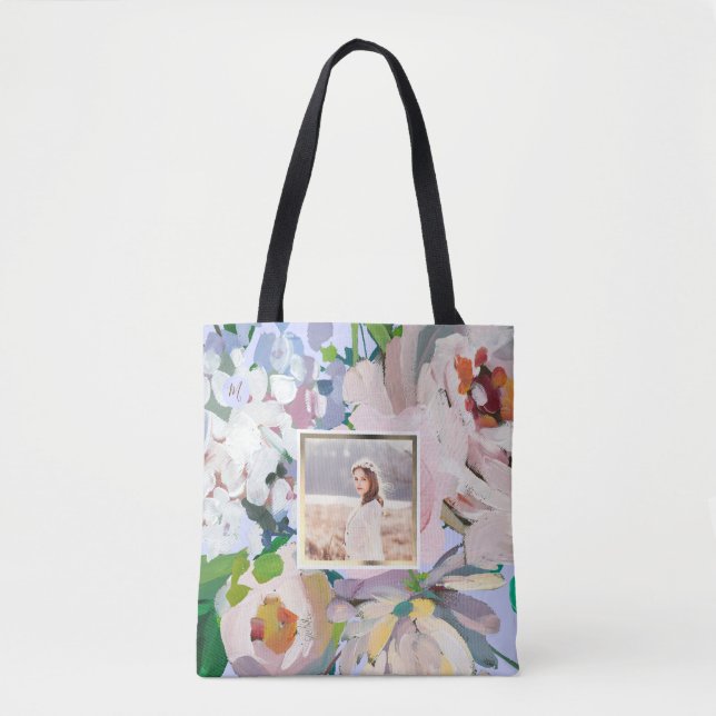 Bolsa Tote Bonito Floral Azul Periwinkle com Foto Monograma (Frente)