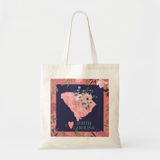 Bolsa Tote Bonito Floral I Love South Carolina State Map (Frente)