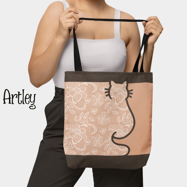 Bolsa Tote Bonito Gato Castanho e Lace Floral Rosa Cortados (Criador carregado)