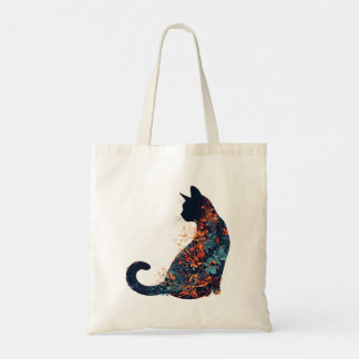 Bolsa Tote Bonito Gato Negro Com Folhas Florais Casuais