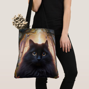 Bolsa Tote Bonito gato preto fluffy com olhos Dourados