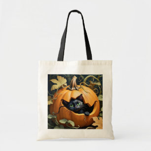 Bolsa Tote Bonito gato preto na abóbora