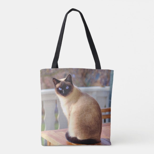 Bolsa Tote Bonito Gato Siamês com Olhos Azuis (Verso)