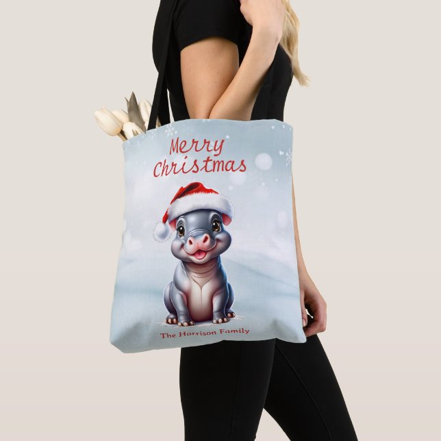 Bolsa Tote Bonito Hippopotamus Santa Hat Snowy Natal (Close Up)