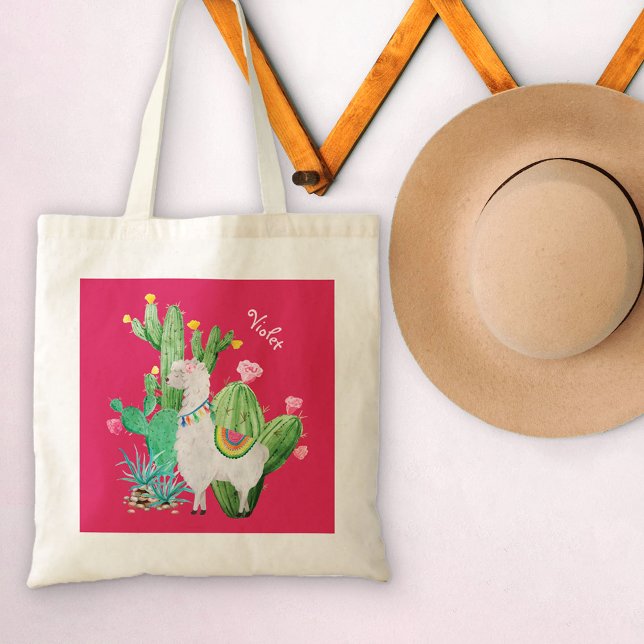 Bolsa Tote Bonito Lama no Jardim Cactus com Flores Rosa (Criador carregado)