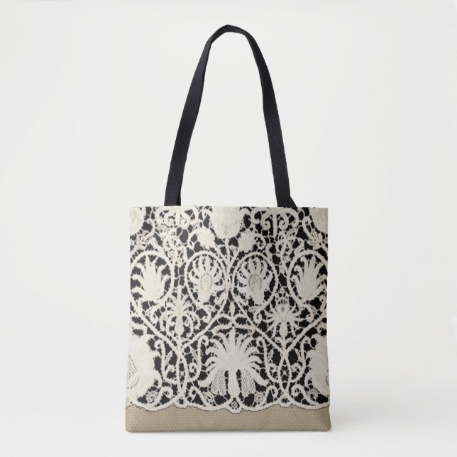 Bolsa Tote Bonito Linen White Lace Antique de Casamento  (Frente)