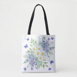 Bolsa Tote Bonito margaridas Primavera, flores azuis e borbol