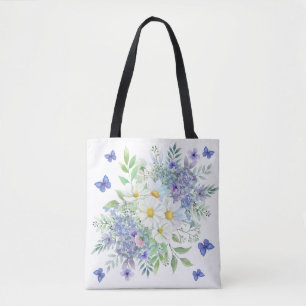 Bolsa Tote Bonito margaridas Primavera, flores azuis e borbol