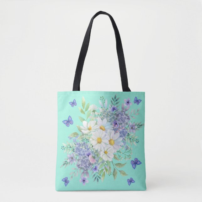 Bolsa Tote Bonito margaridas Primavera, flores azuis e borbol (Frente)