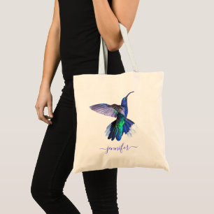 Bolsa Tote Bonito nome personalizado de beija-flor roxa