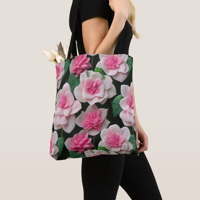 Bolsa Tote Bonito padrão floral cor-de-rosa boho verde (Close Up)