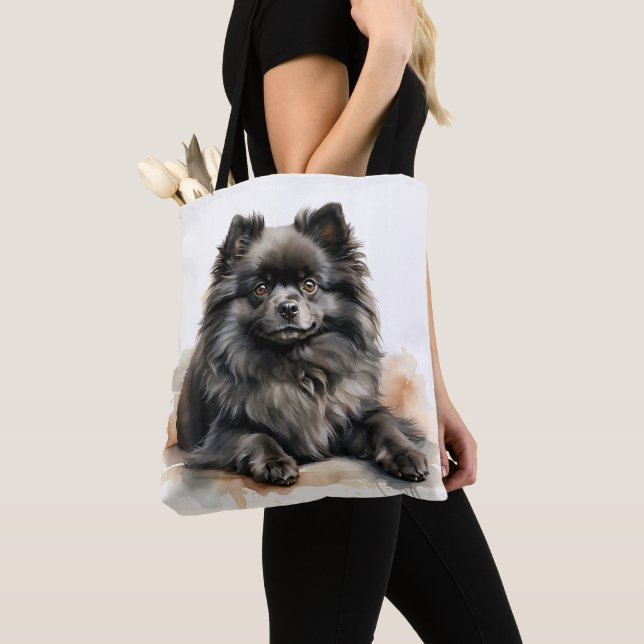 BOLSA TOTE BONITO PEQUENO CACHORRO NEGRO POMERANIANO (Close Up)
