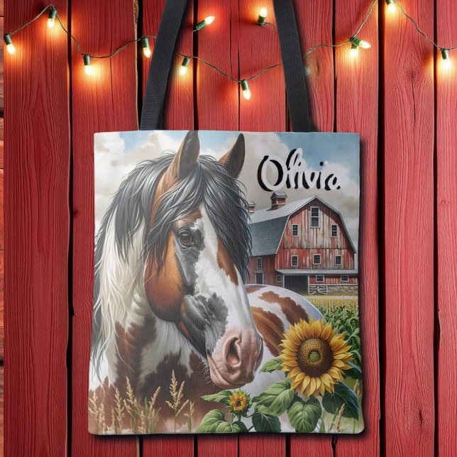 Bolsa Tote Bonito Pinto Brown e Cavalo Branco na Fazenda russ (Criador carregado)