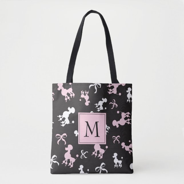 Bolsa Tote Bonito Poodles Monogramas Rosa e Preto (Frente)