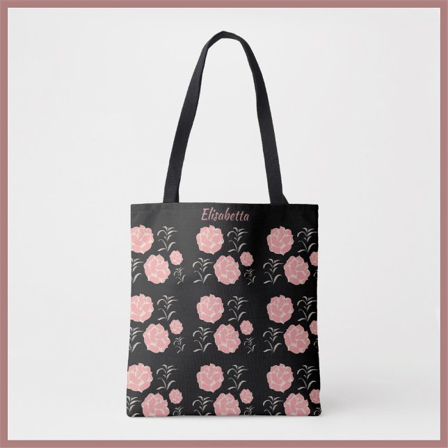 Bolsa Tote Bonito Rosas Rosa Grandes com Folhagem a Preto (Criador carregado)
