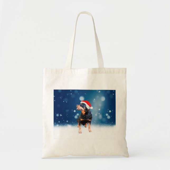 Bolsa Tote Bonito Rottweiler Cachorro Natal Santa Hat Estrela (Frente)